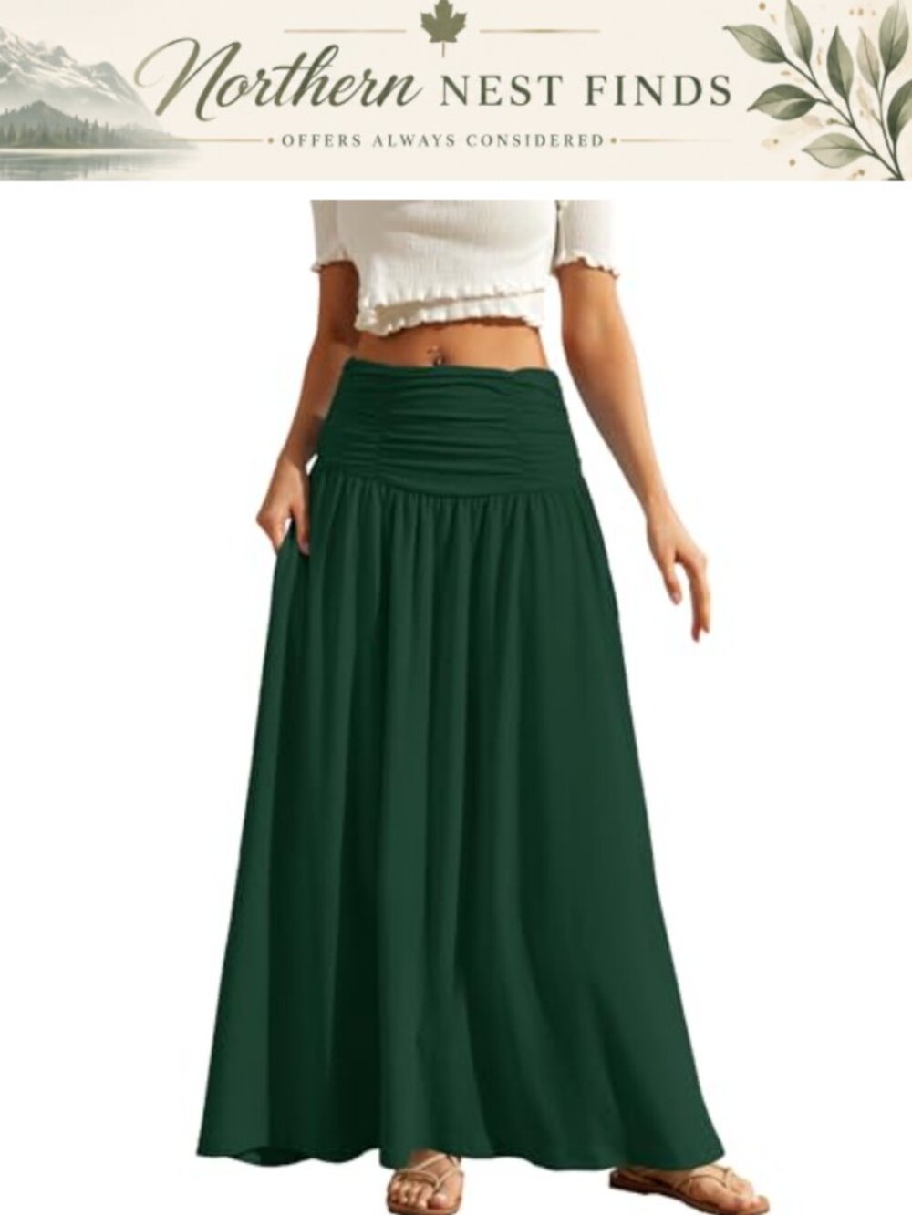 Women's Maxi Skirt High Waisted Ruched Stretchy Flowy A-Line with Pockets